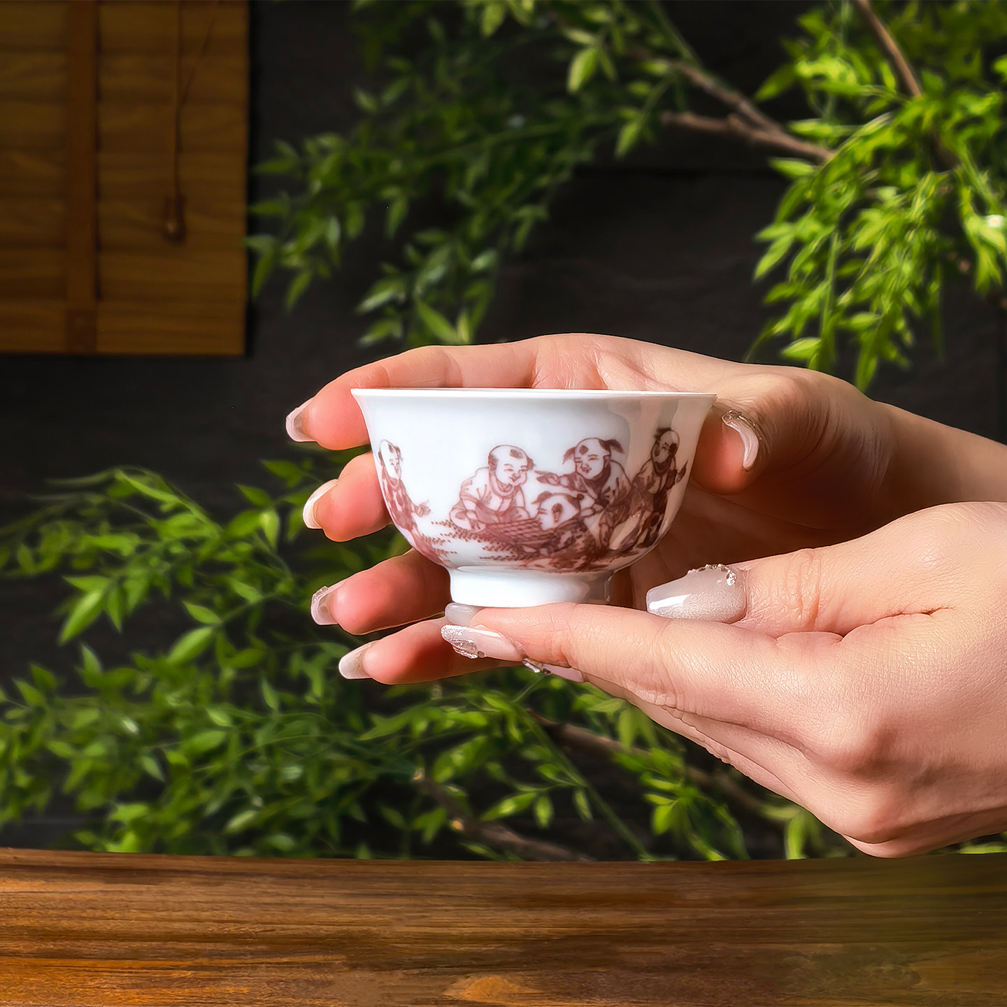 二亭釉里红主人杯 婴戏小杯 景德镇手绘釉下彩瓷器