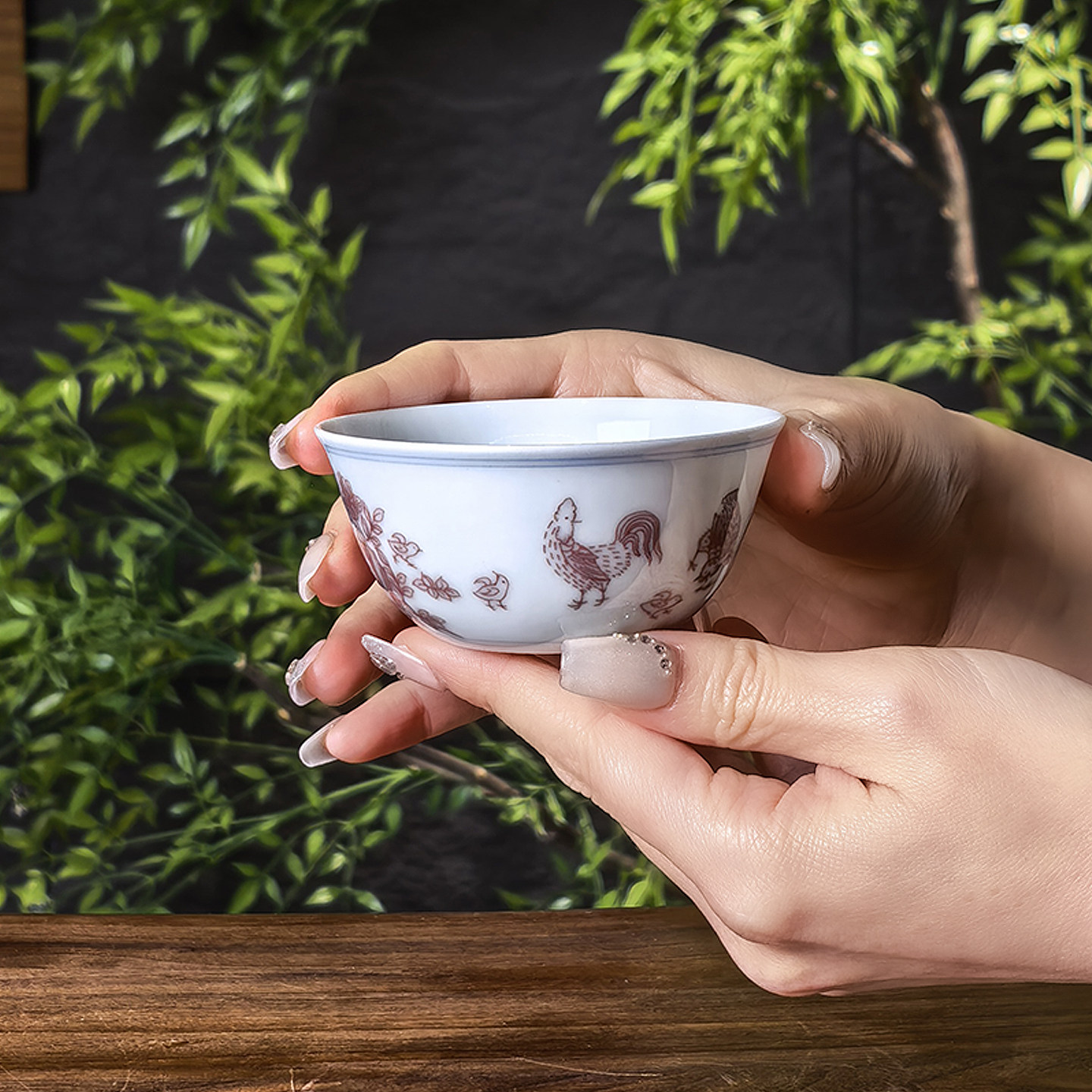 二亭釉里红茶杯 成化鸡缸杯 景德镇手绘釉下彩瓷器