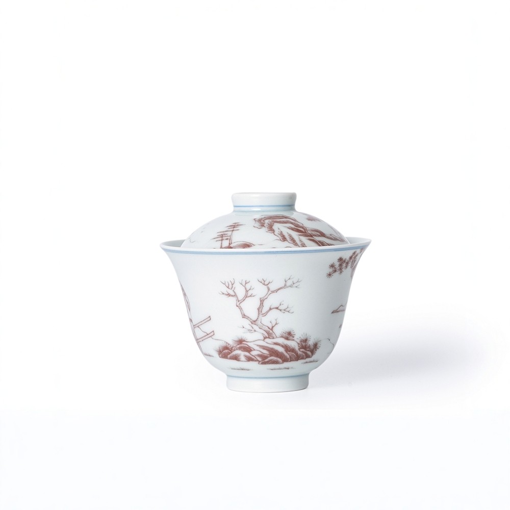 二亭釉里红茶碗 鬼谷子下山盖碗(老款) 景德镇手绘釉下彩瓷器