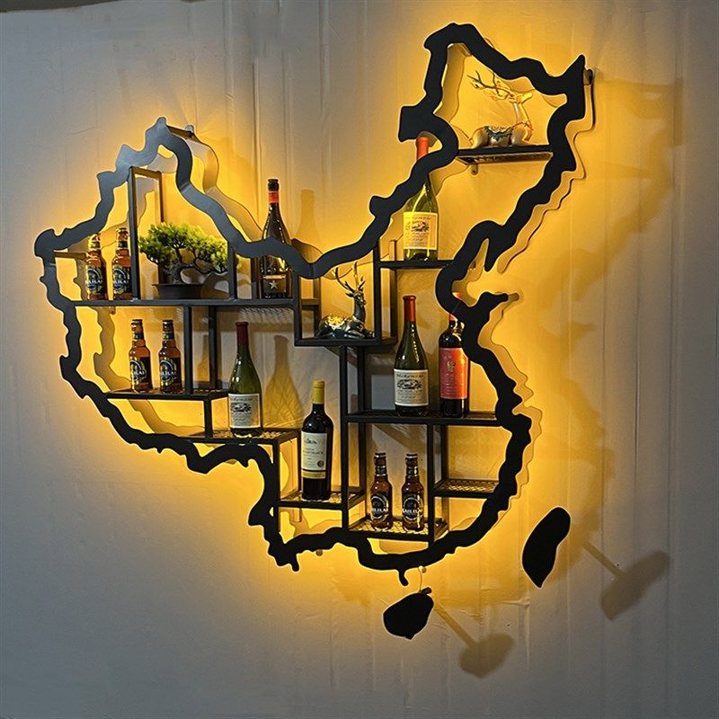 网红酒吧红酒柜墙上壁挂书架铁艺发光中国地图展示酒架置物书架柜