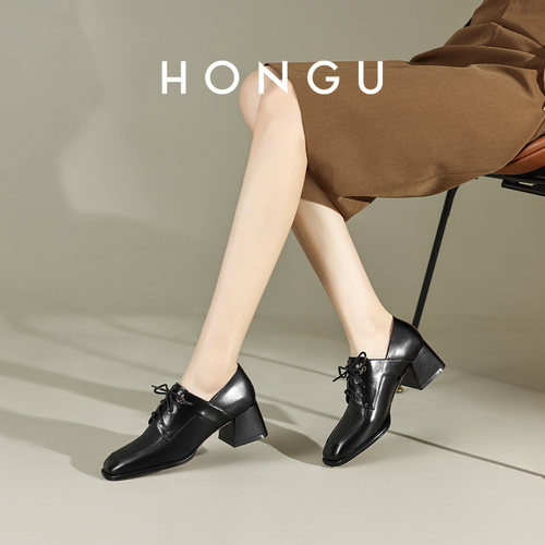 HONGU英伦真皮系带粗跟牛津鞋