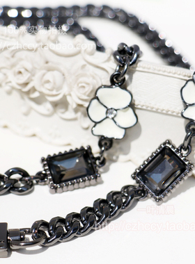 DIY 9mm粗 花朵镶钻 枪w黑色金属链 包带链条配件金属包链包包链