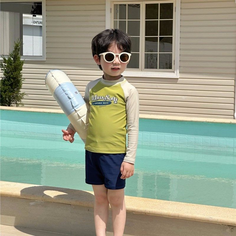 男童泳衣分体泳裤大童专业训练男孩长袖防晒游泳衣套装2025年新款