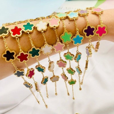 Five Flower Charm Bracelet Gold Plated Double ColTorful Clov
