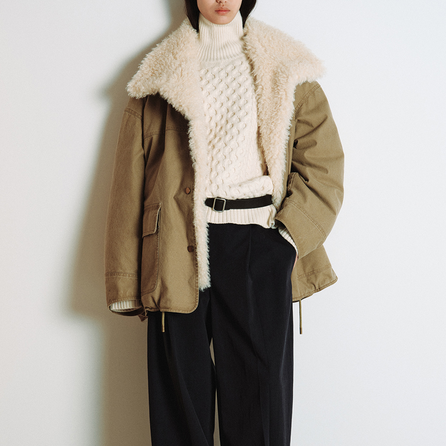 RE同款重工酵洗荃棉珠帆洗褪可拆卸仿羊羔毛领工装派克棉服