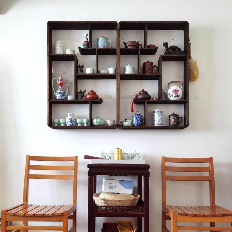 网红博古架墙上壁挂式茶壶茶室墙面置物架简约现代多宝阁隔断格子