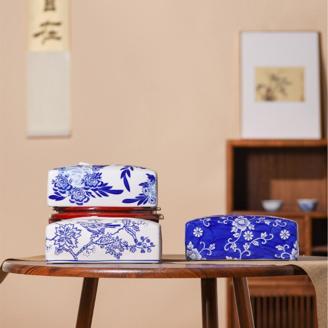 青花瓷陶瓷纸巾盒客厅茶几新中式青花桌面餐巾抽纸盒客厅陶瓷摆件