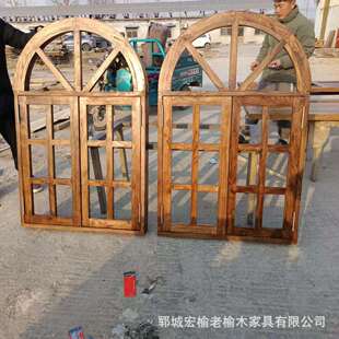 实木窗户法式拱顶假窗榆木田园风门窗地中海拱形窗复古做旧窗户