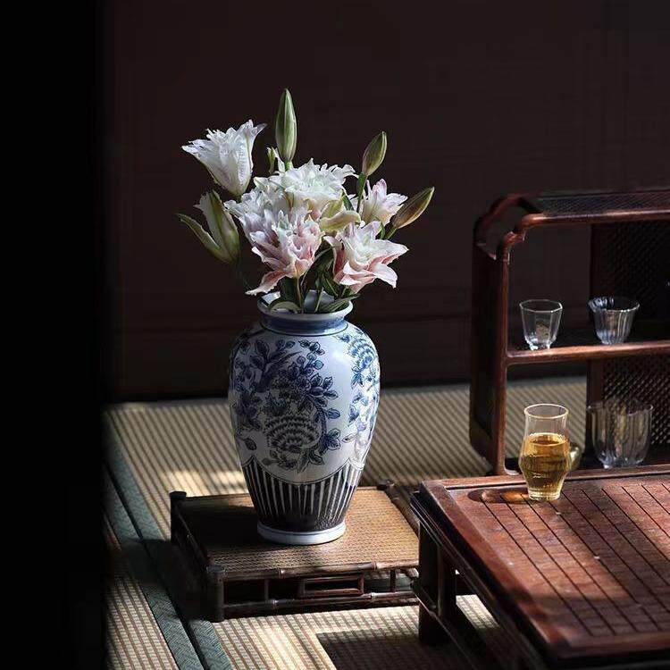 新中式青花瓷玄关花瓶摆件青花雀鸟瓶客厅陶瓷花器