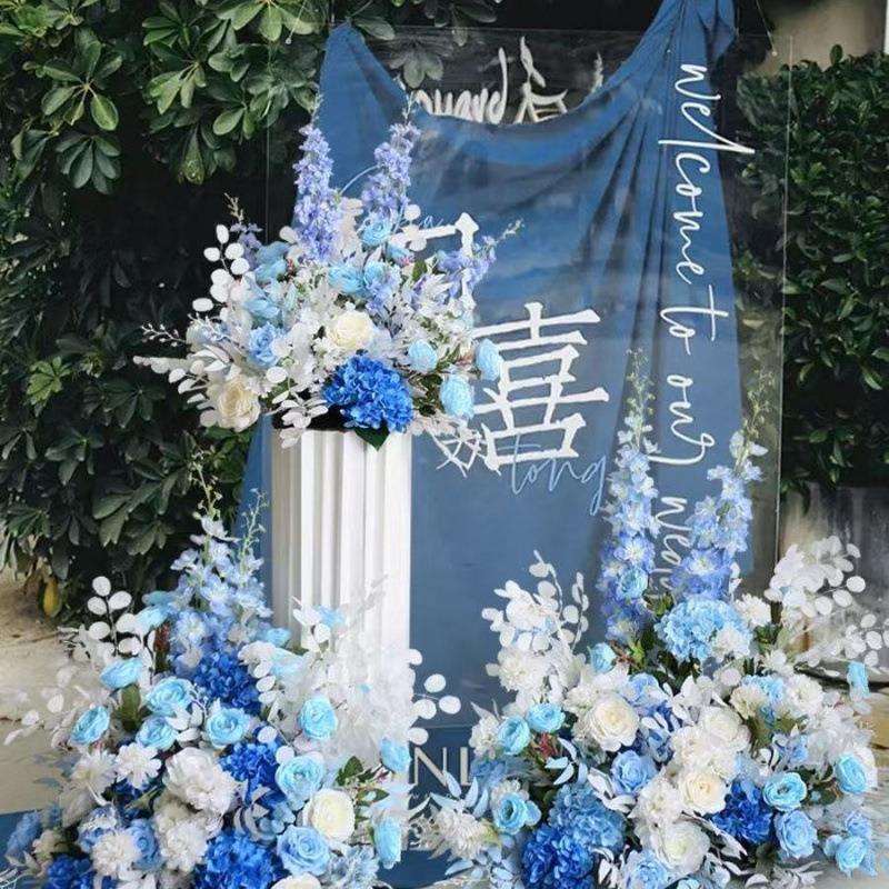 蓝白色婚礼舞台布置场景花艺仿真道具插花摆场落地花排路引柱花蓝