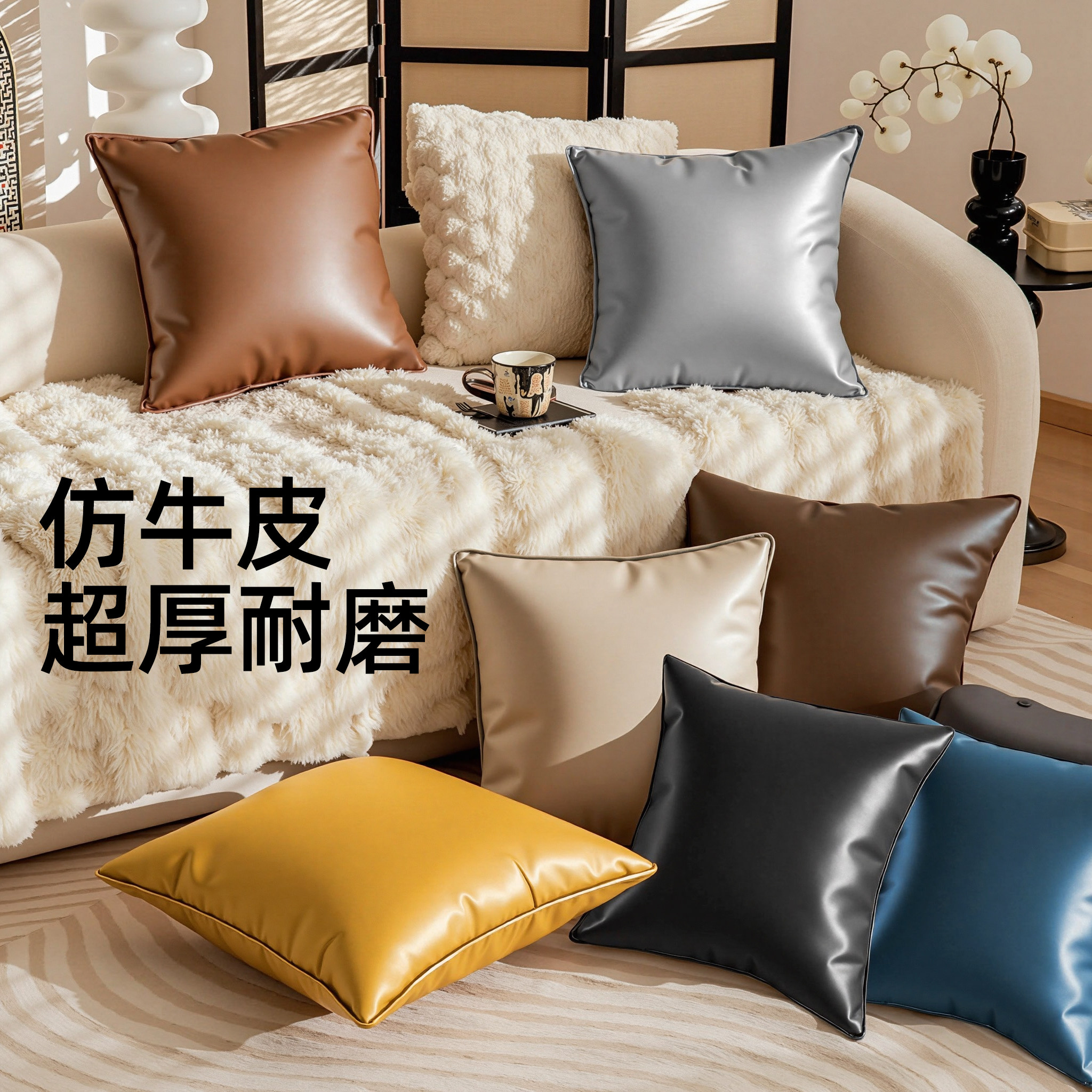 轻奢软牛皮抱枕客厅仿真皮仿牛皮超厚沙发靠枕防水防尘靠垫办公室,居家布艺,靠垫/抱枕,淘宝优惠券,粉丝福利购,淘宝优惠卷