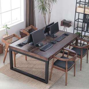 复古做旧铁艺实木办公桌椅组合原木长方形电脑桌会议桌洽谈桌椅子