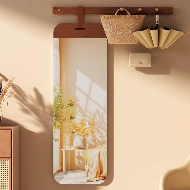 全实木壁挂穿衣镜家用玄关贴墙全身镜女生卧室试衣镜挂衣架一体镜