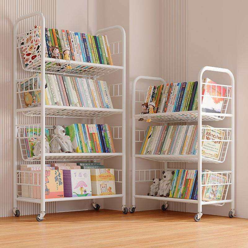 儿童书架铁艺绘本收纳架家用阅读区简易书柜可移动带轮落地置物架