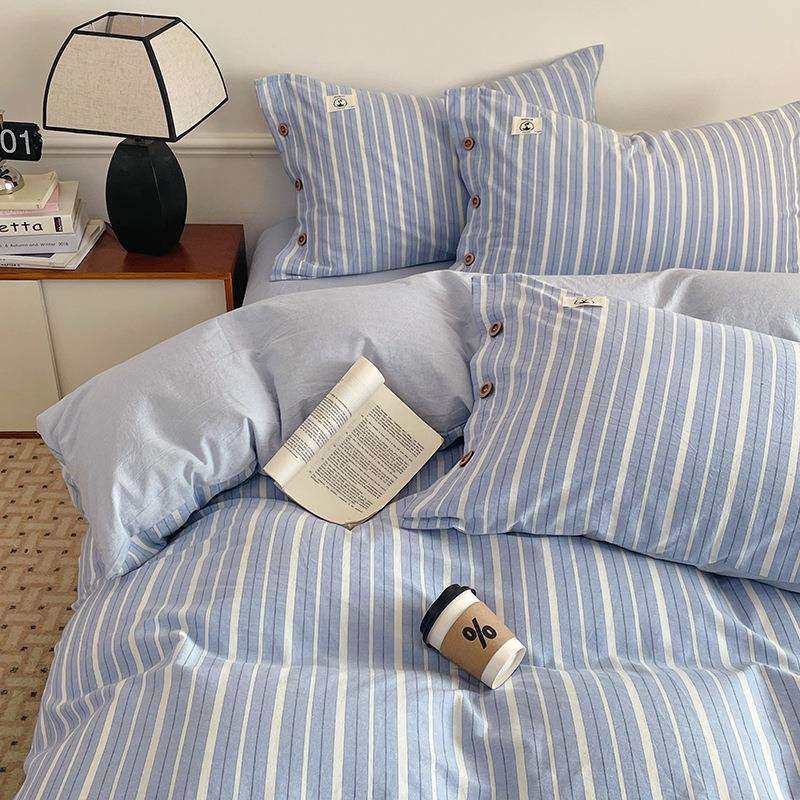复古风全棉四件套条纹格子纯棉水洗棉床单被套简约宿舍三件套