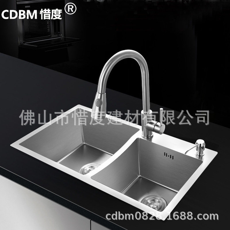 厂家直销304不锈钢水槽手工水槽加厚板手工盆75*42双槽含龙头套装