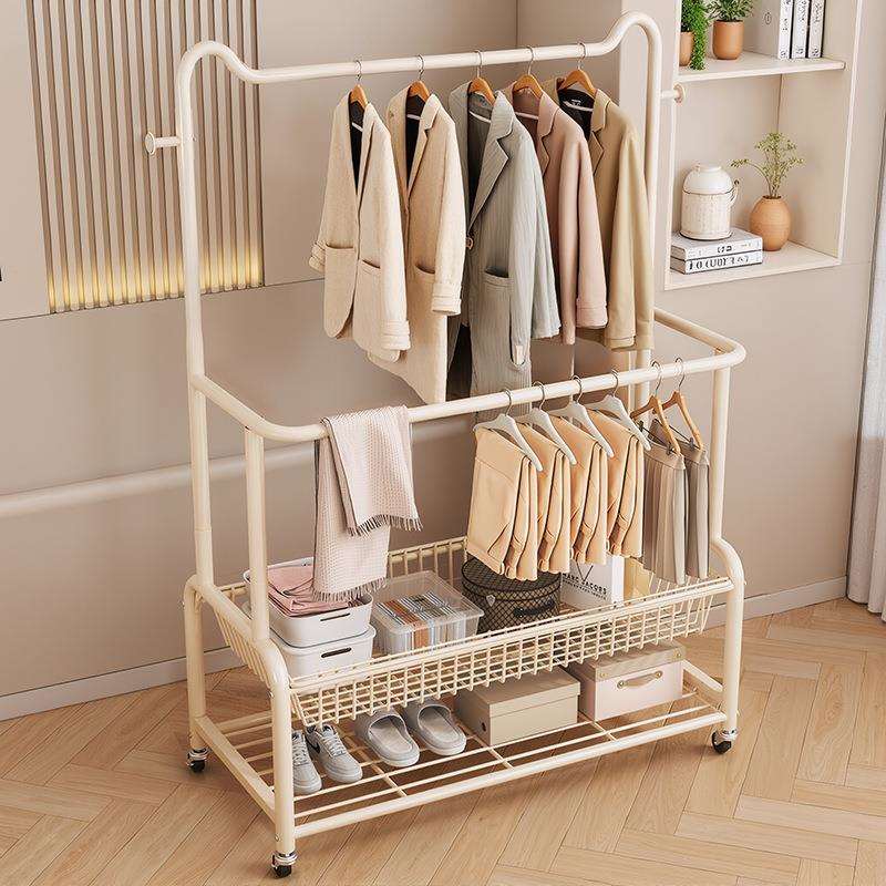 衣帽架落地带筐衣架家用移动晾衣架双杆衣服收纳置物架挂衣服架子
