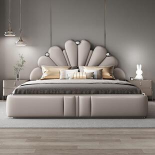 法式轻奢床花瓣床双人床现代简约实木主卧大床婚床意式极简真皮床