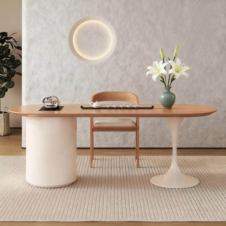 奶油风小茶台家用泡茶桌书桌茶桌一体原木风阳台实木茶桌椅组合