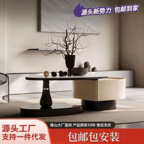 现代轻奢岩板茶几小户型客厅家用设计师简约椭圆形创意实木茶几