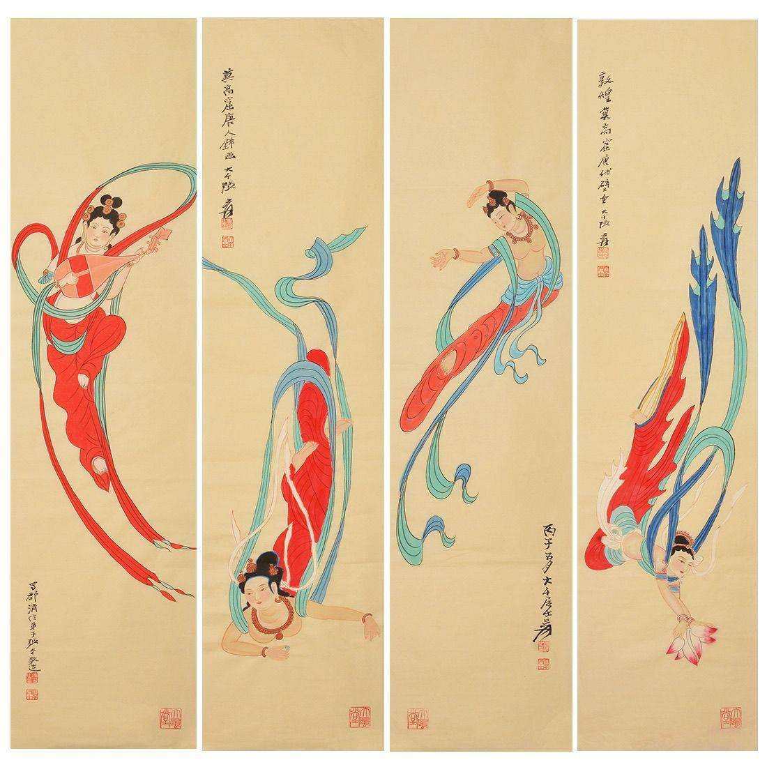 名家张大千飞天壁画纯手绘条屏字画竖版客厅装饰画挂画收藏山水画