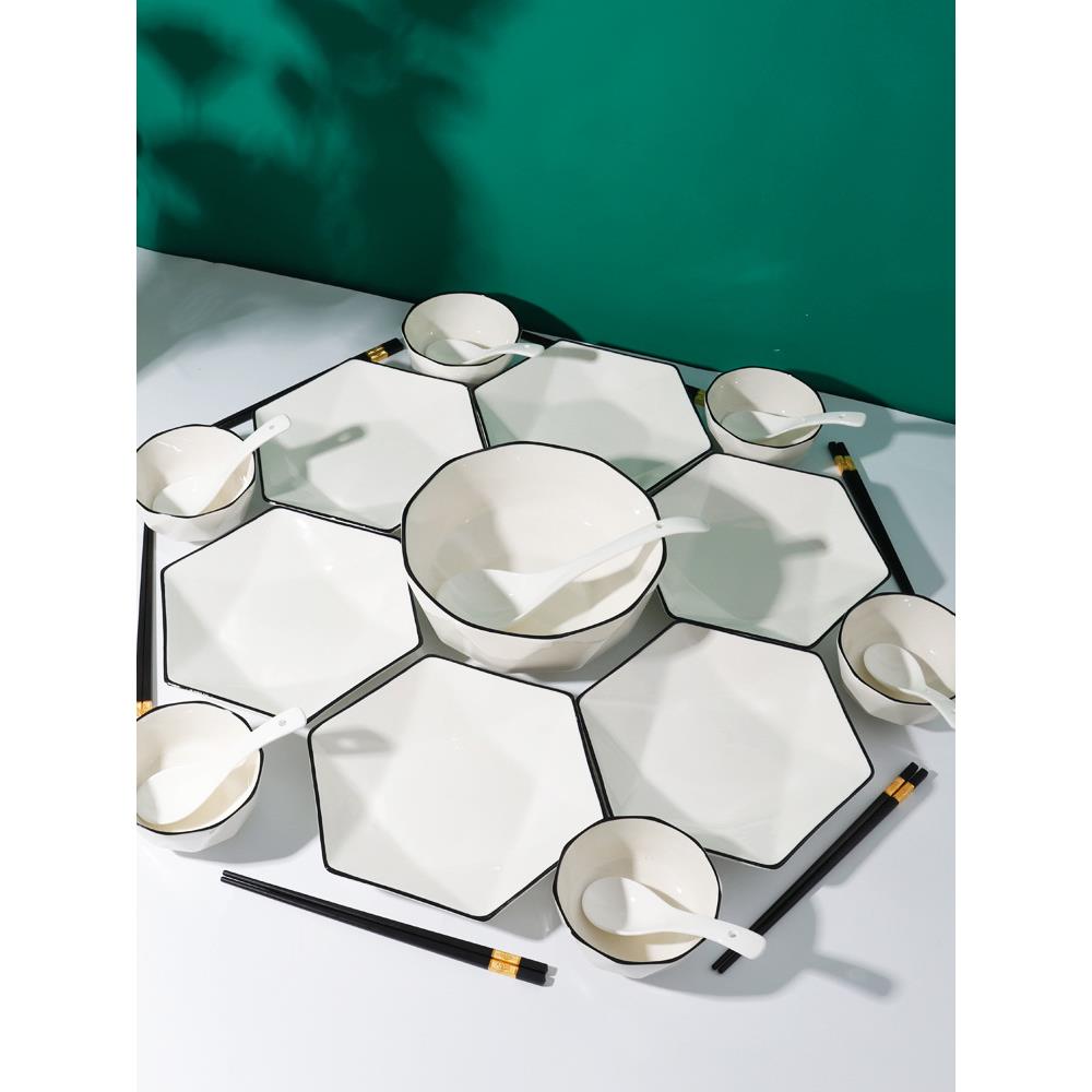 北欧风碗碟套装家用2025新款六角拼盘餐具高颜值陶瓷碗盘碗筷组z^