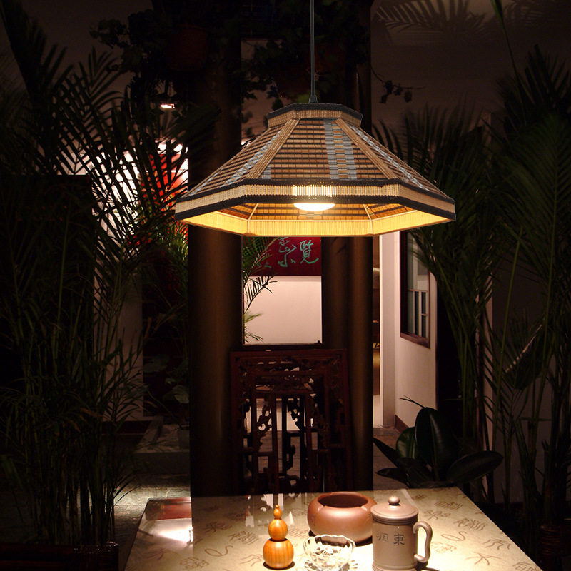 东南亚竹艺手工灯中式酒楼棋牌室茶餐厅过道庭院灯创意六边形吊灯