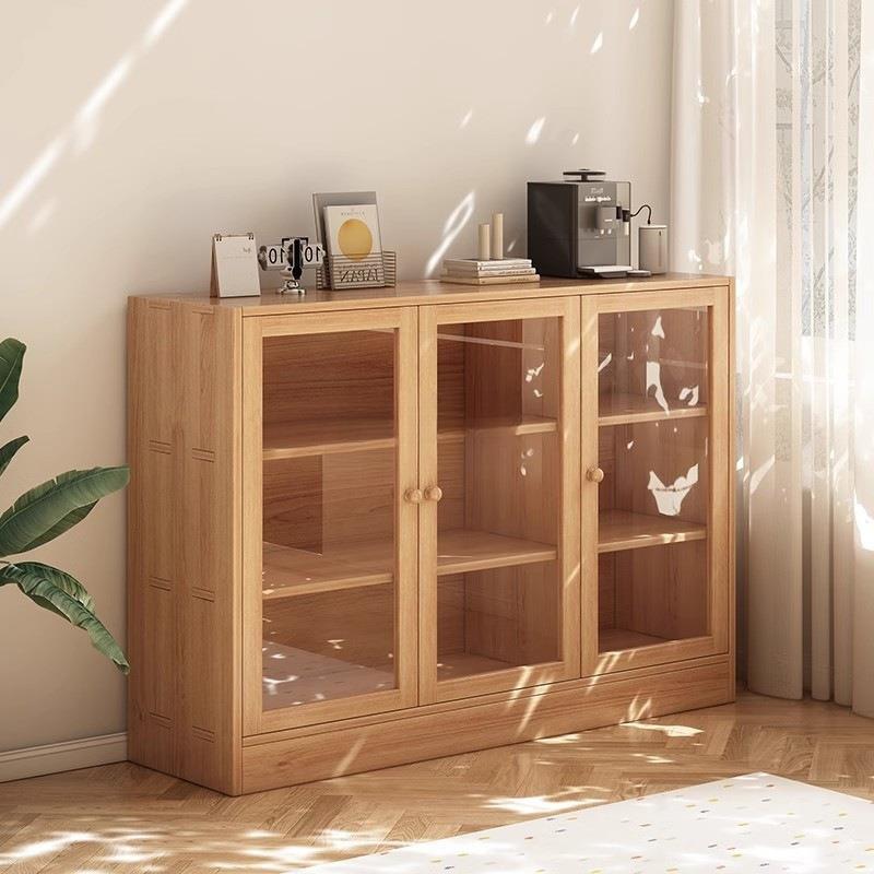 防尘书柜实木书架置物架带门落地家用儿童客厅现代简约格子柜矮柜