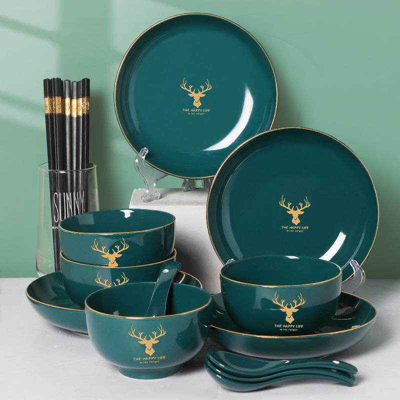 北欧餐具轻奢祖母绿碗盘套装2022新款家用碗送勺筷组合情侣用套装