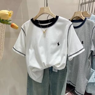 宽松休闲胖MM显瘦纯棉上衣 大码 240斤撞色小马刺绣短袖 T恤衫 女夏季