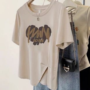 不规则下摆t恤女大码 胖mm正肩纯棉上衣夏季 ins小众奶系慵懒风短袖