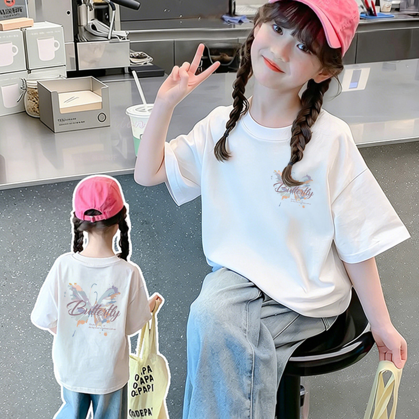 纯棉童装短袖T恤女童夏季可爱新款蝴蝶中大童夏装宽松杏色上衣服