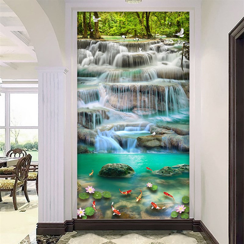 钻石画满钻新款十字绣客厅玄关竖版流水瀑布风景山水点贴圆钻