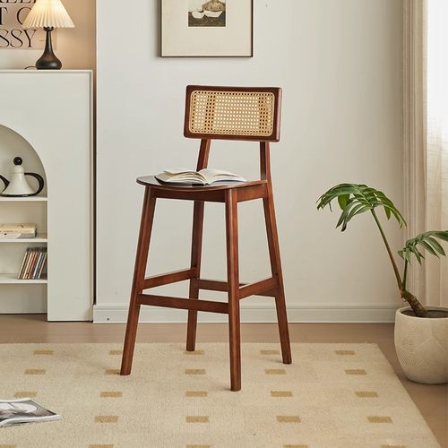 实木吧台椅子藤编吧台椅现代北欧吧凳高脚岛台餐厅中古风靠背椅