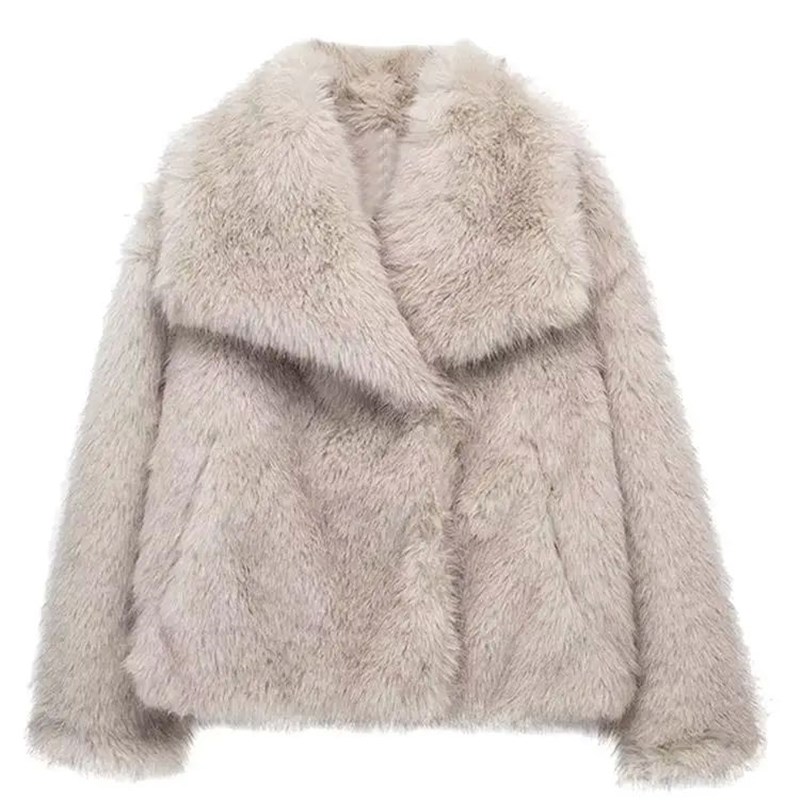 Lapel Faux Fur Jacket Coat Women Loose Long SleevUe Fluffy W