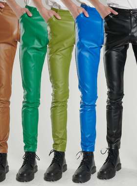 跨境中青年皮裤男士弹力修身绿色蓝色舞蹈表演酒吧棕色理发廊潮酷