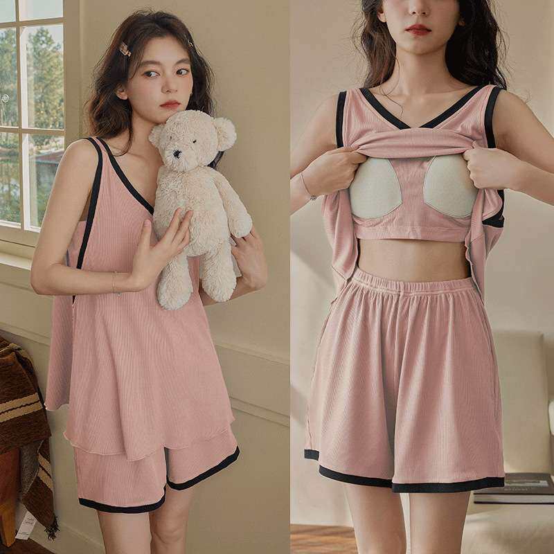 睡衣女夏冰丝带胸垫背心可外穿大码薄款多巴胺透气运动家居服套装