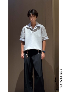 ACE VESTITI小众设计感拼接条纹宽松短袖POLO衫休闲百搭纯色T恤