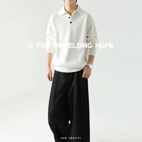 羊毛混纺竖纹肌理polo领针织衫