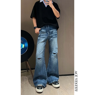 夏潮牌直筒宽松vibe微喇长裤 高街水洗破洞牛仔裤 VESTITI美式 ACE