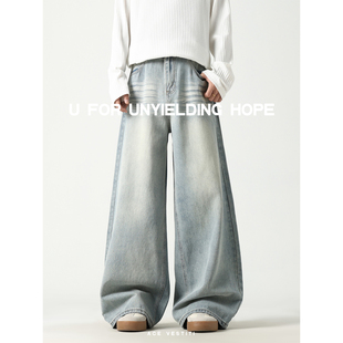 VESTITI夏季 高街复古水洗牛仔裤 男款 子美式 宽松阔腿拖地裤 ACE