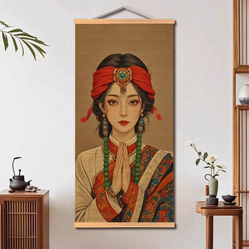 虔诚少女挂画竹帘挂画客厅装饰画茶室竹挂画卓玛挂画虔诚卓玛挂画
