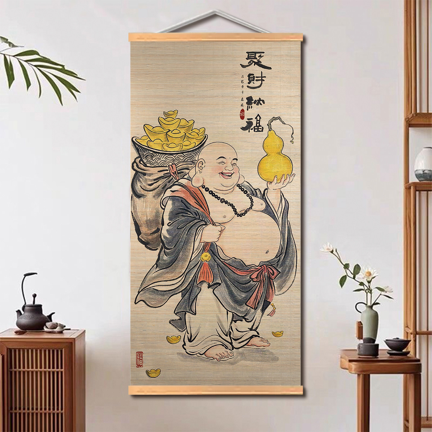 聚财纳福挂画钟馗神威竹帘挂画中式入户玄关茶室竹挂画佛堂装饰画