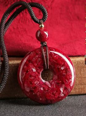 天然朱砂晶体全透光平安扣吊坠平安朱砂男女项链蛇年本命年厂家