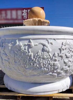 石雕汉白玉鱼缸花盆户外圆形石头盆荷花缸别墅门海石缸养鱼摆件