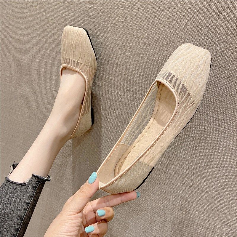 2024年夏季新款透p气网纱方头单鞋女浅口百搭黑色职业镂空平底鞋,女鞋,浅口单鞋,淘宝优惠券,粉丝福利购,淘宝优惠卷