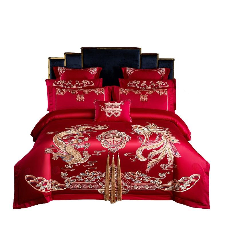 120支长绒棉婚庆四件套全棉刺绣大红色婚房龙凤W结婚床上用品4,床上用品,婚庆床品套件,淘宝优惠券,粉丝福利购,淘宝优惠卷