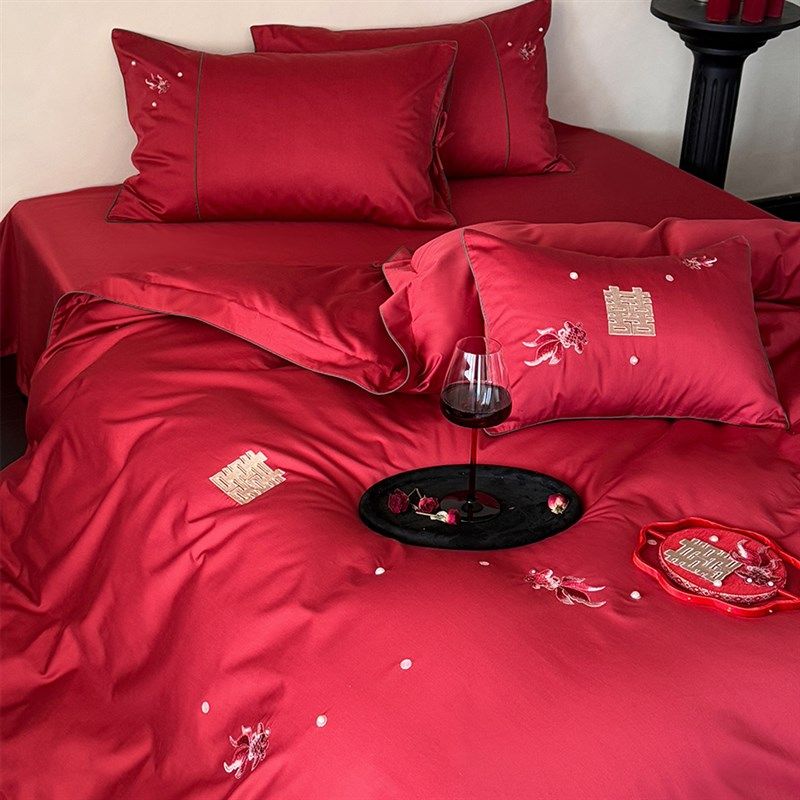 简约新中式婚庆四件套全棉大红色锦F鲤刺绣结婚被套床单床上用品,床上用品,婚庆床品套件,淘宝优惠券,粉丝福利购,淘宝优惠卷