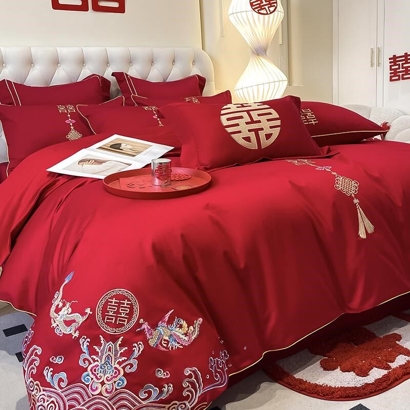 中式结婚四件套全棉2024新款大红K色刺绣被套婚庆床上用品,床上用品,婚庆床品套件,淘宝优惠券,粉丝福利购,淘宝优惠卷