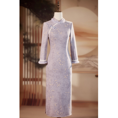 紫色旗袍女新中式长袖改良修身